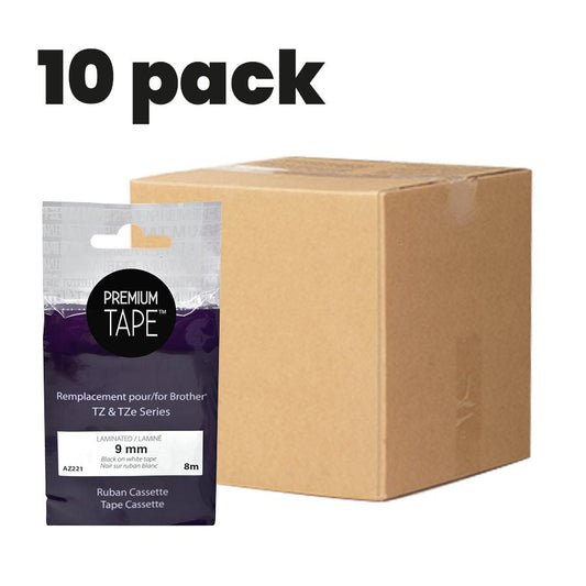 Brother TZe-221 Black/White 9mm New Compatible Tape 10 Pack-Premium Tape