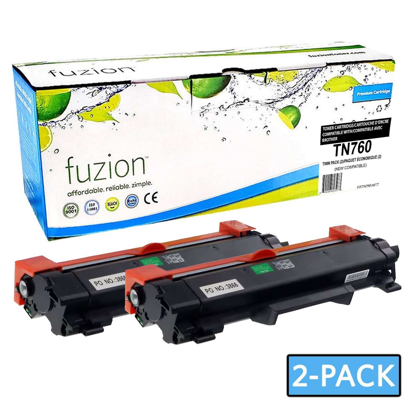 Brother TN760 Compatible High Yield - Black Toner Cartridge (2 Pack) - Fuzion