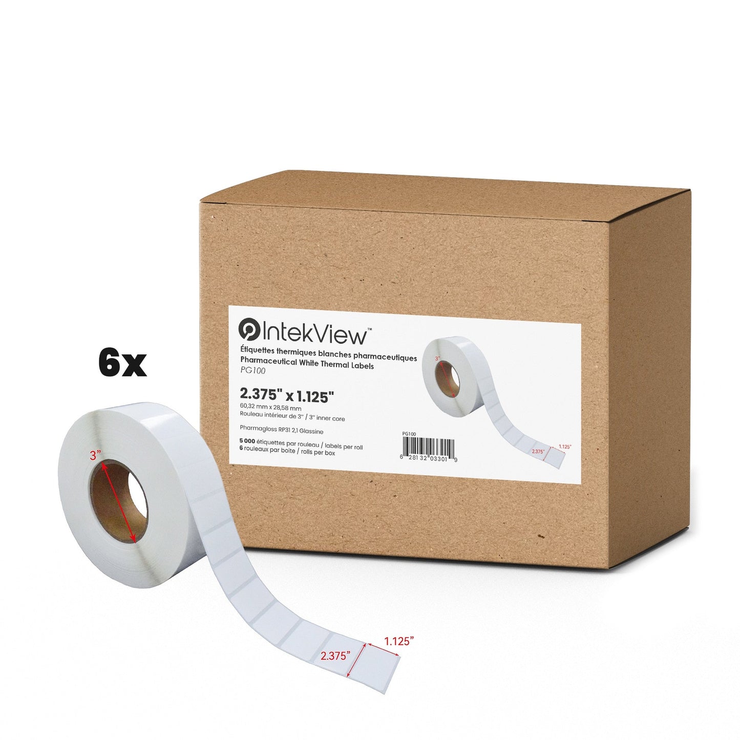 2.37x1.12 inch Direct Thermal New Compatible Labels Core 3 inch Pharmagloss RP31 White 5000 6/cs-Premium Tape
