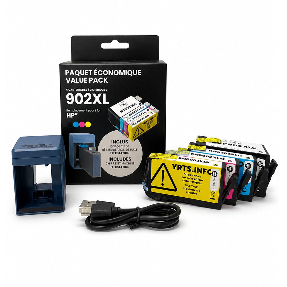 HP 902XL EcoInk 4-Color Ink Cartridge Bundle + YRTS FlexStation Chip Reset Machine