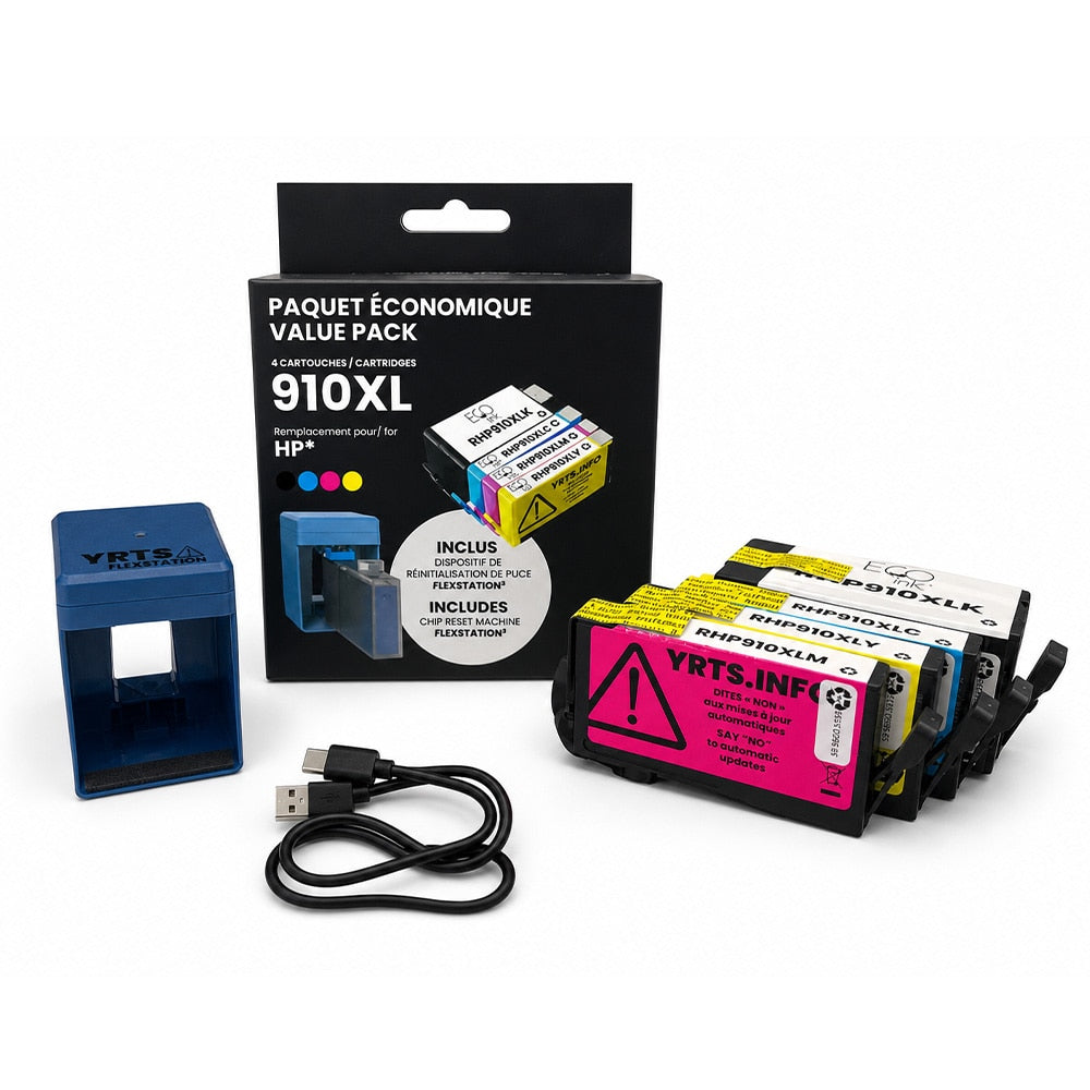 HP 910XL EcoInk 4-Color Ink Cartridge Bundle + YRTS FlexStation Chip Reset Machine