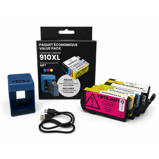 HP 910XL EcoInk 4-Color Ink Cartridge Bundle + YRTS FlexStation Chip Reset Machine